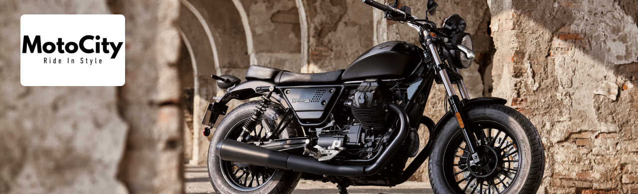 A sleek Moto Guzzi motorcycle displayed at Motocity Daytona, showcasing its timeless Italian design and craftsmanship.
