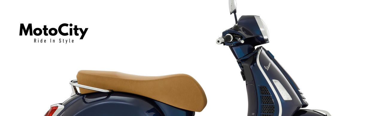 Sleek Vespa sidecar on display at MotoCity Vespa Naples dealership under sunny skies
